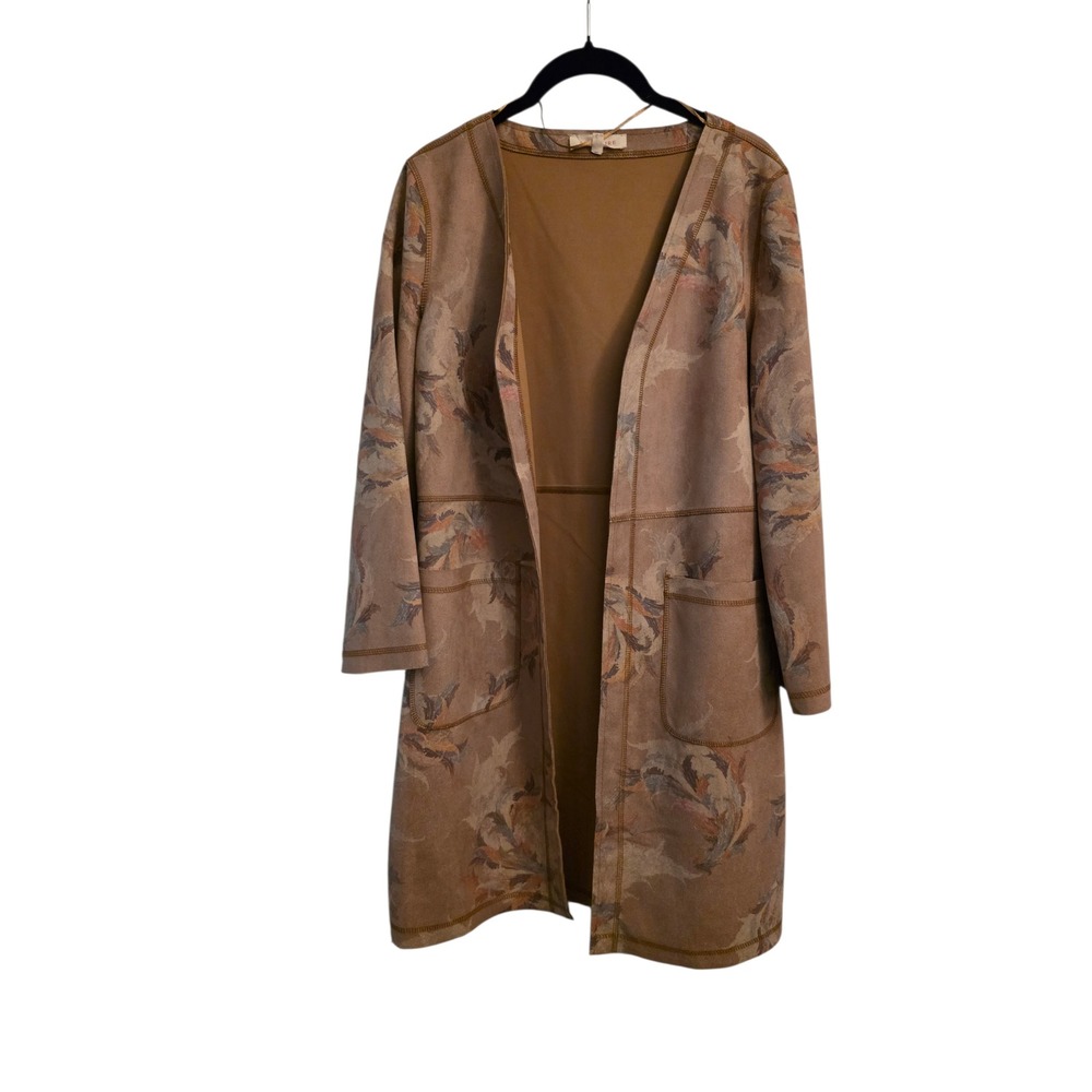SOLITAIRE Open Front Long Sleeve Cardigan Jacket‎ Floral Print Tan Brown Women's
